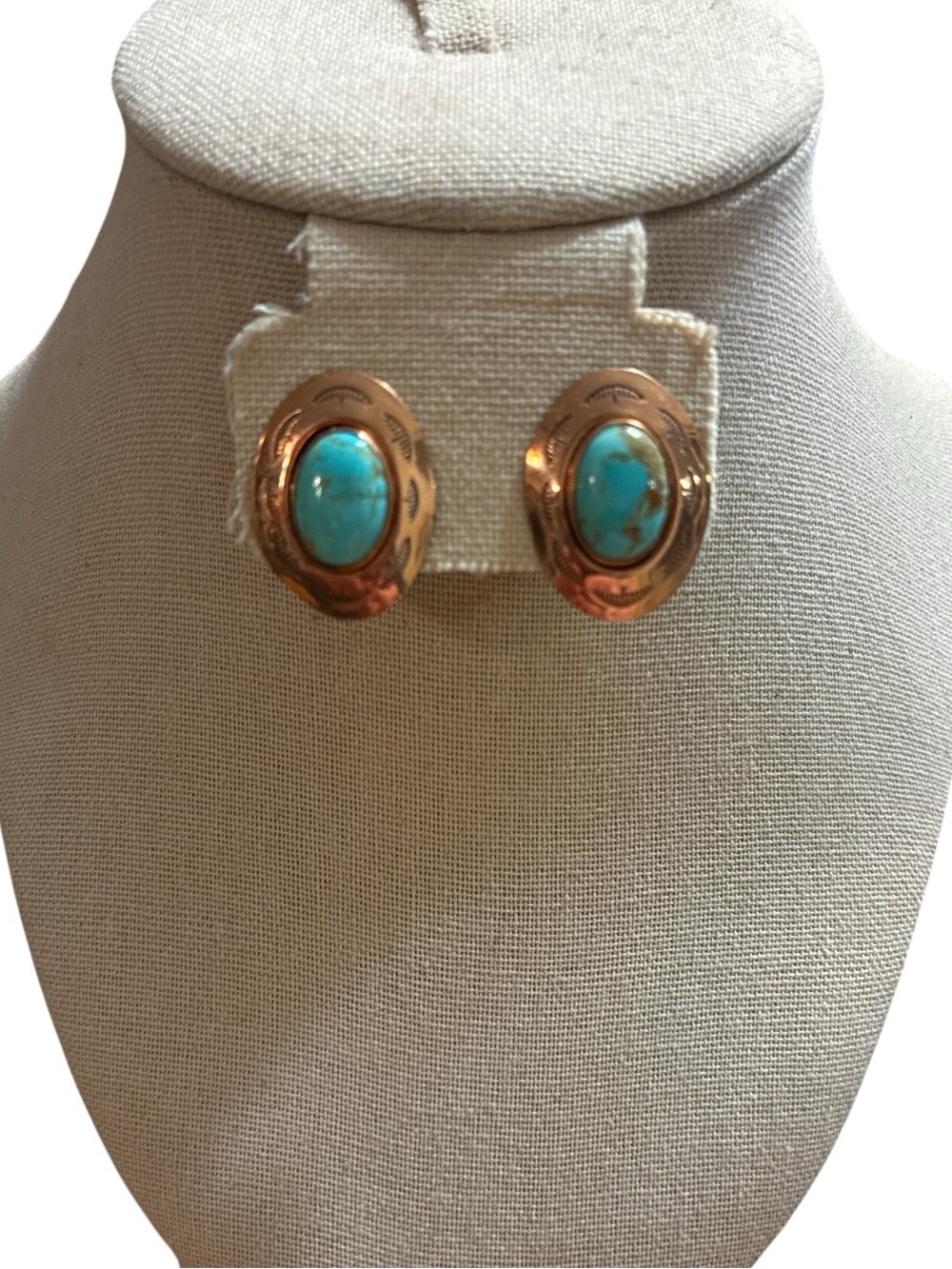 Southwestern Style Turquoise Colored Stone Copper Toned Oval Clip On Earring